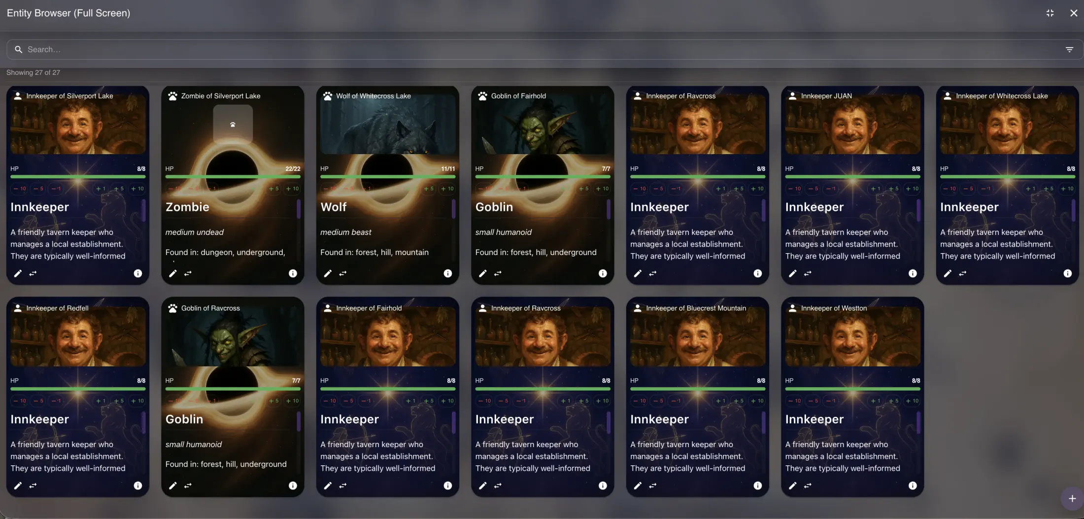 The D20 Atlas entity browser: a grid of character cards for innkeepers, a zombie, a wolf and goblins, each with a portrait, a green hit point bar with quick damage and healing buttons, a creature type and a short description.